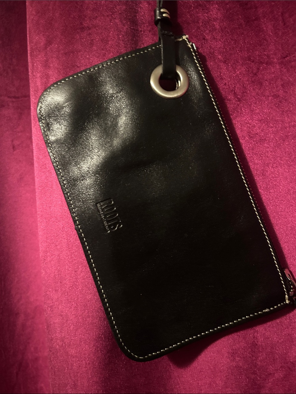 Roots Black Leather Wristlet with Silver Grommet